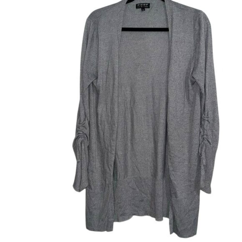 Poof New York Gray Open Front Cardigan Sweater With Ruched Sleeves Womens Size L
